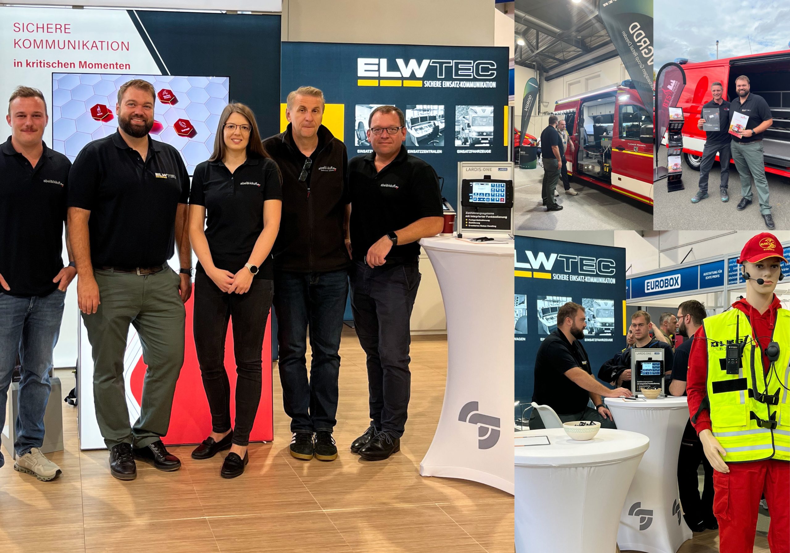 Impressionen vom ELWtec Messestand auf der FLORIAN 2026 mit Messeteam, Einsatzfahrzeug und Fachgesprächen
